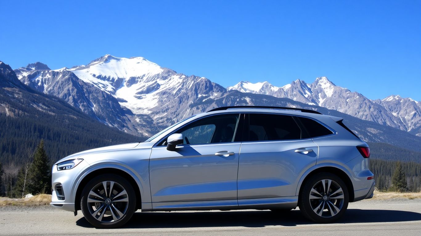 A modern rental car parked near alpine mountain peaks
