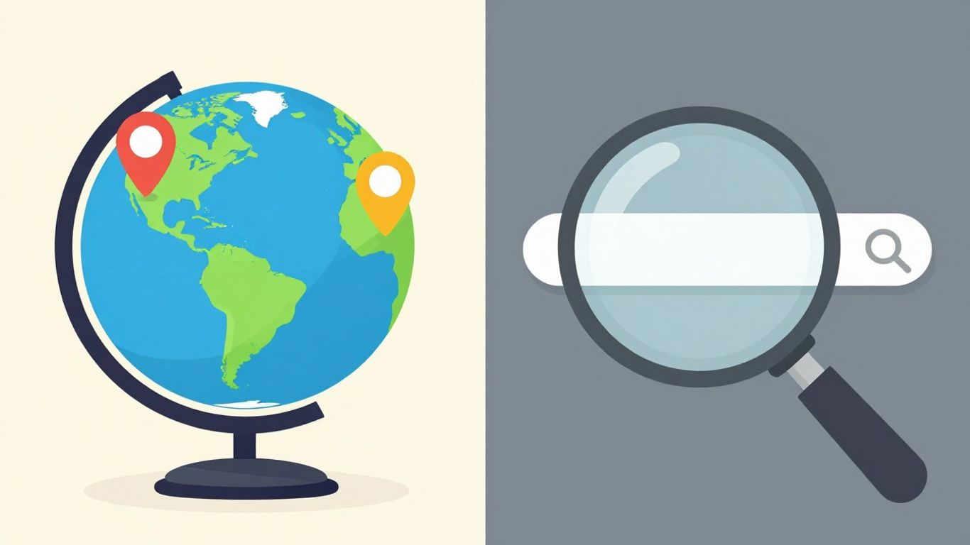 Globe and search bar comparison for GEO vs SEO.