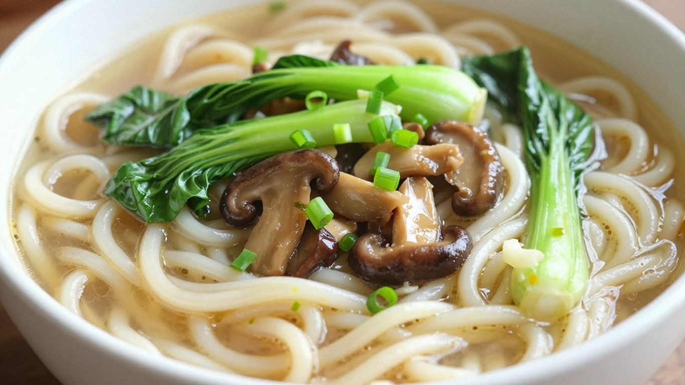 Vegetarian udon noodles with bok choy and mushrooms.