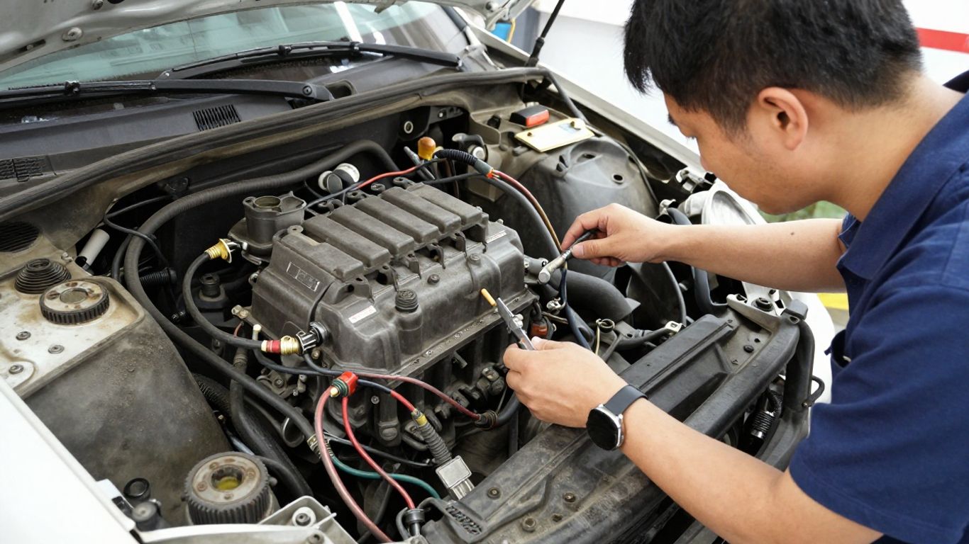 Mechanic inspecting an ECM in a dusty workshop