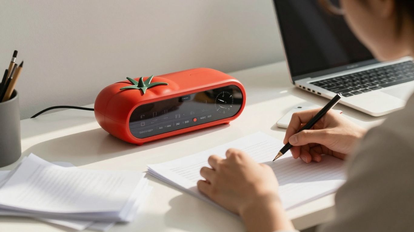 Writer using Pomodoro timer at desk.