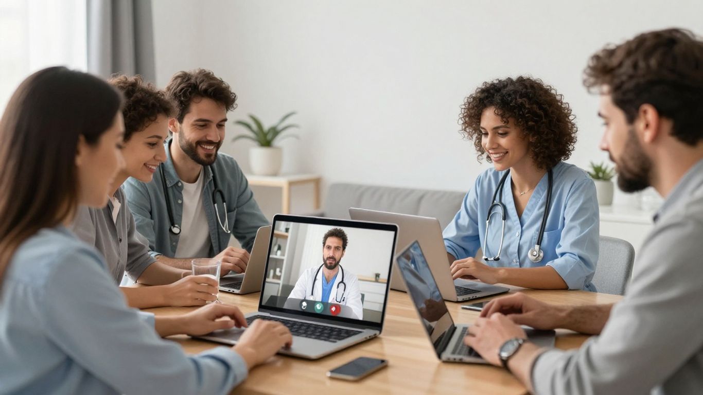 People using laptops and tablets for virtual doctor appointments.