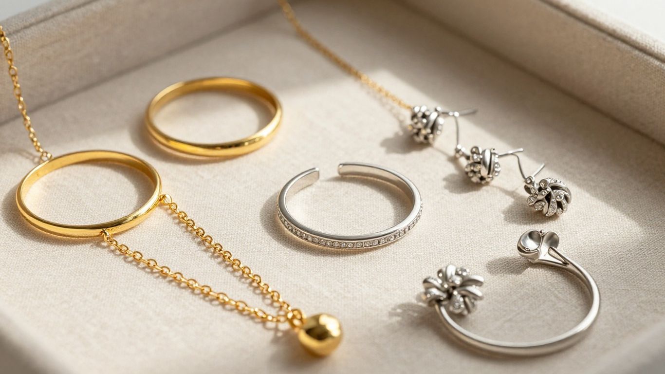 Gold and platinum bridal jewellery on linen