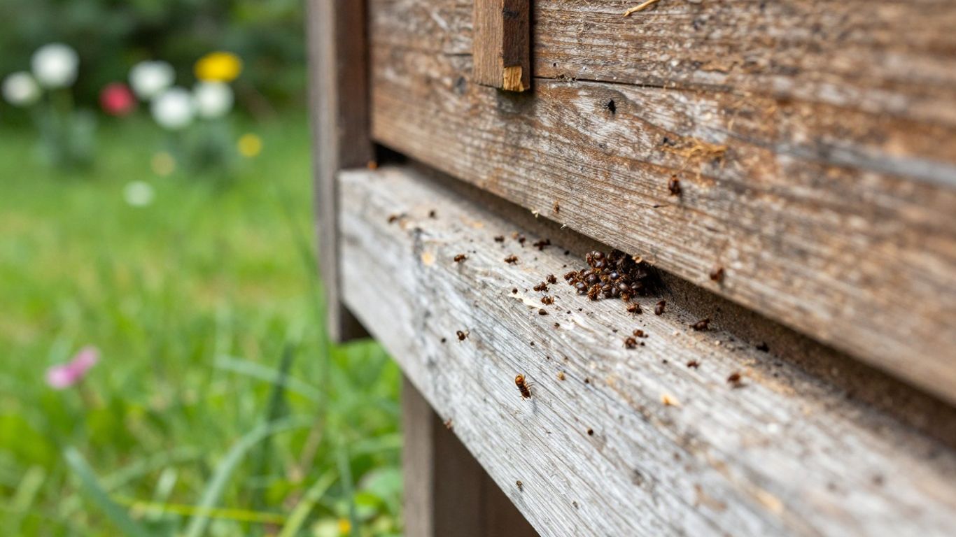 Termites damaging a wooden house exterior in warm weather.