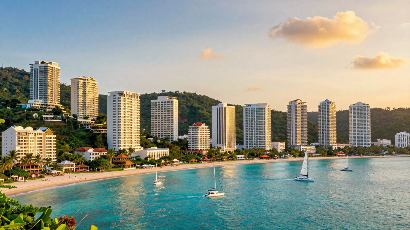 Phuket skyline with luxury villas and sea at sunset.