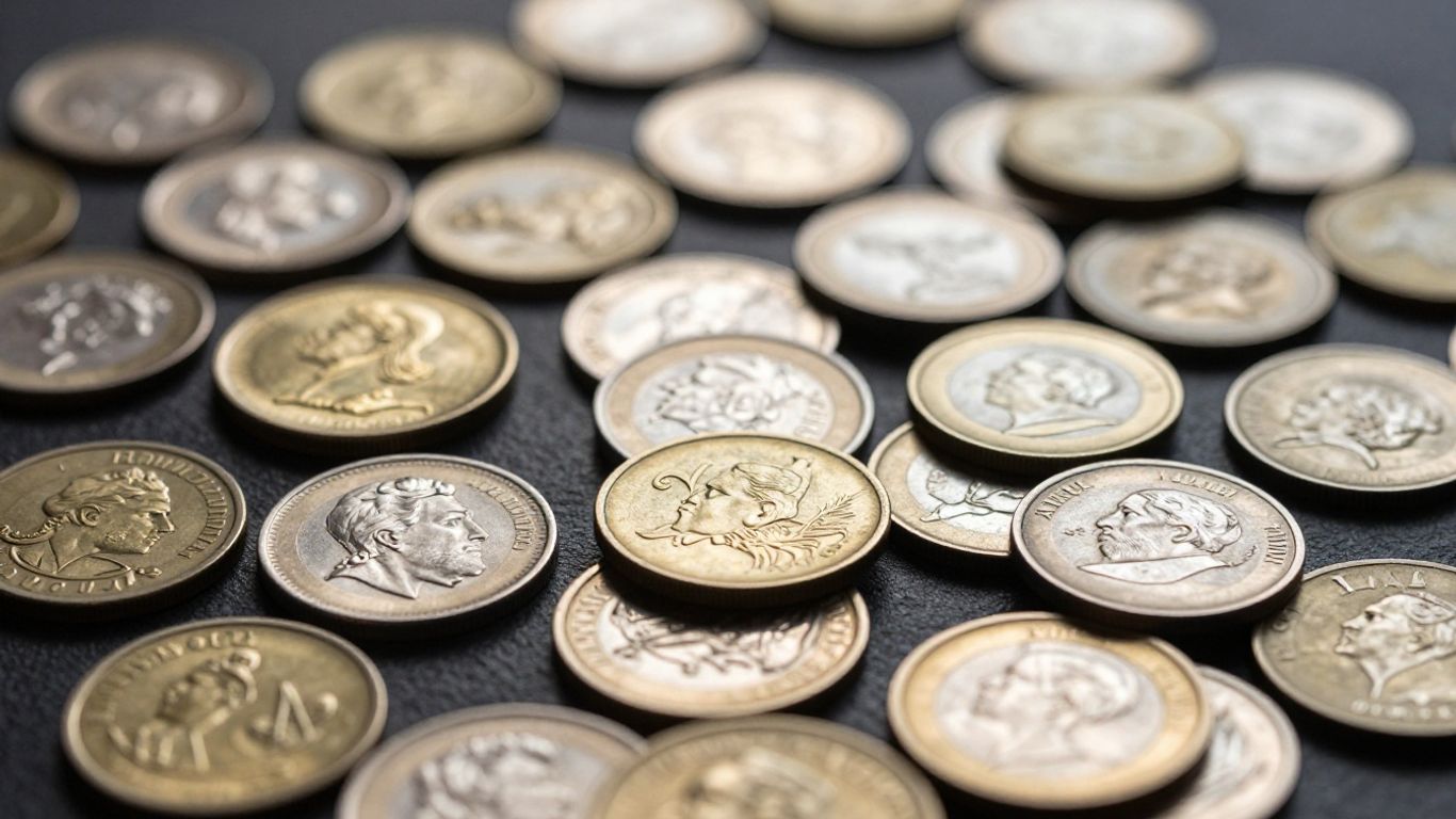 Collection of shiny gold and silver coins.
