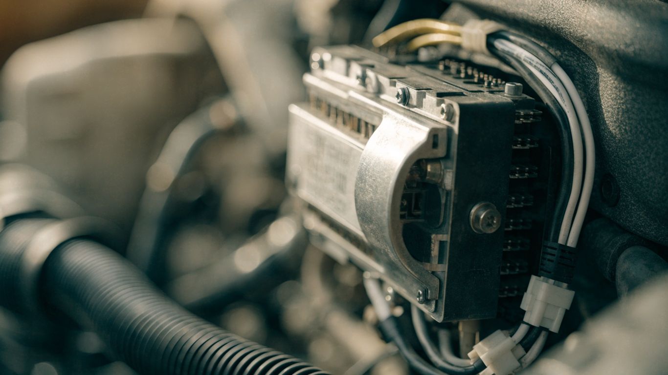 Close view of an ABS module and wiring