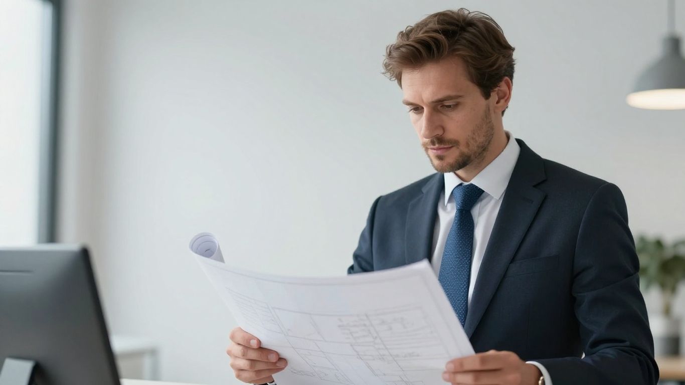 Mann im Büro denkt über Baupläne nach.
