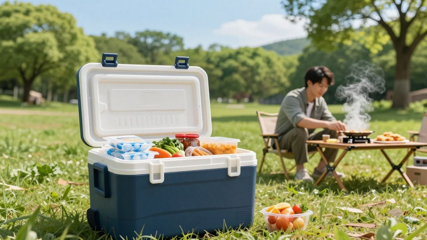 Cooler with food and camping stove at campsite.