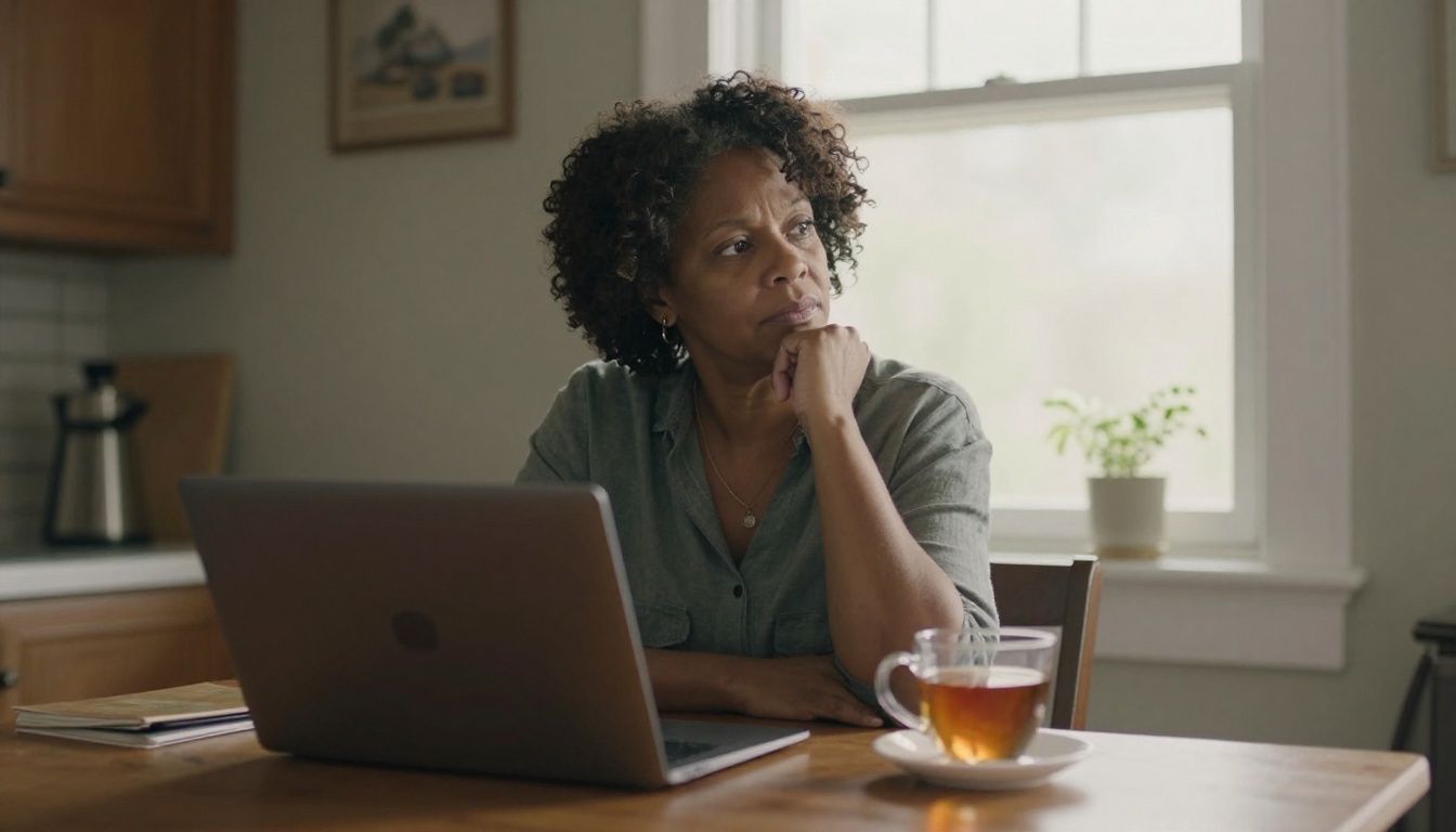 A middle-aged Black woman sits at her kitchen table with a laptop and a cup of tea, looking thoughtfully out the window as the early morning light streams in, conveying a sense of quiet contemplation and planning.