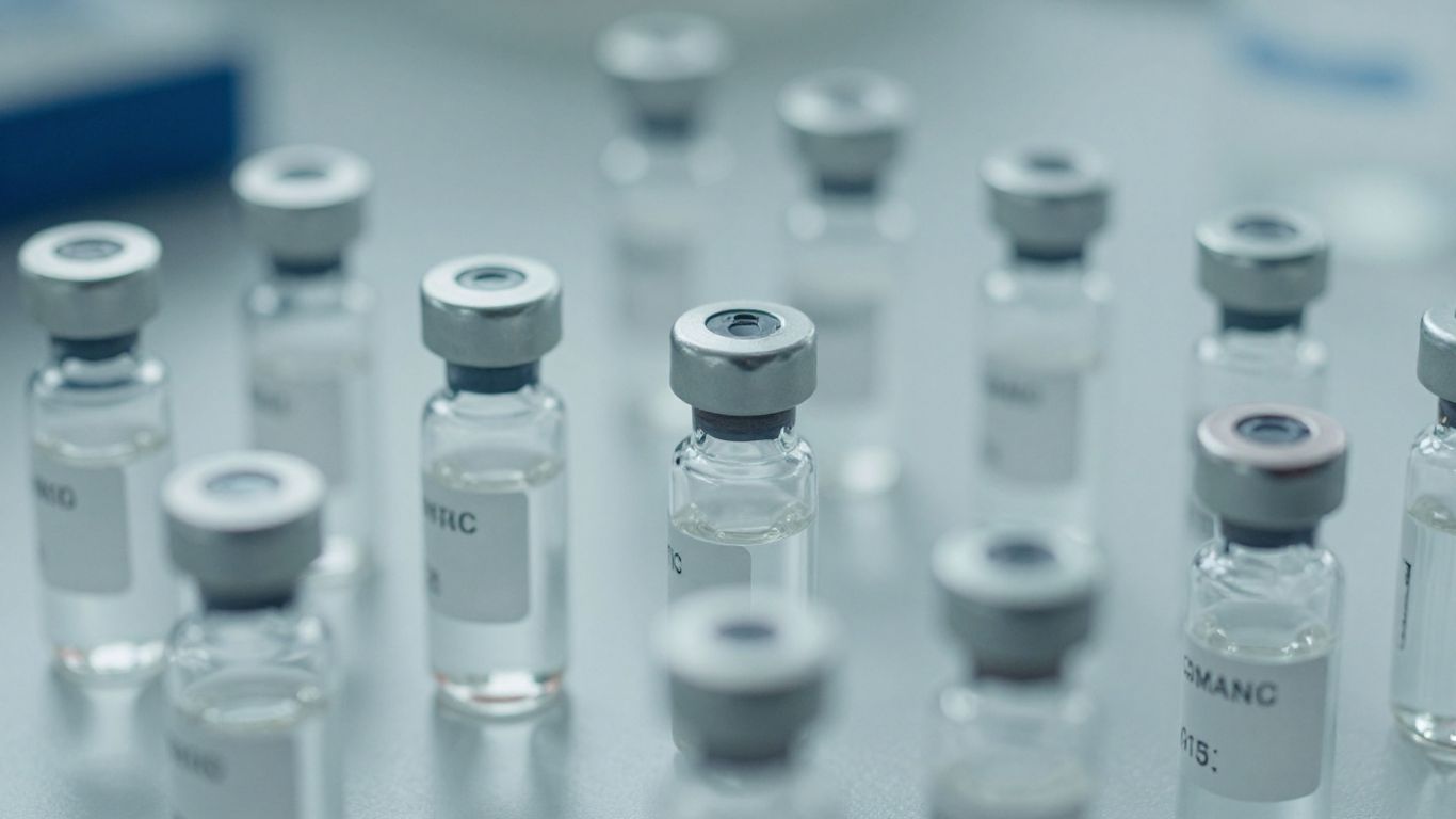 Vials of clear liquid on a lab bench.