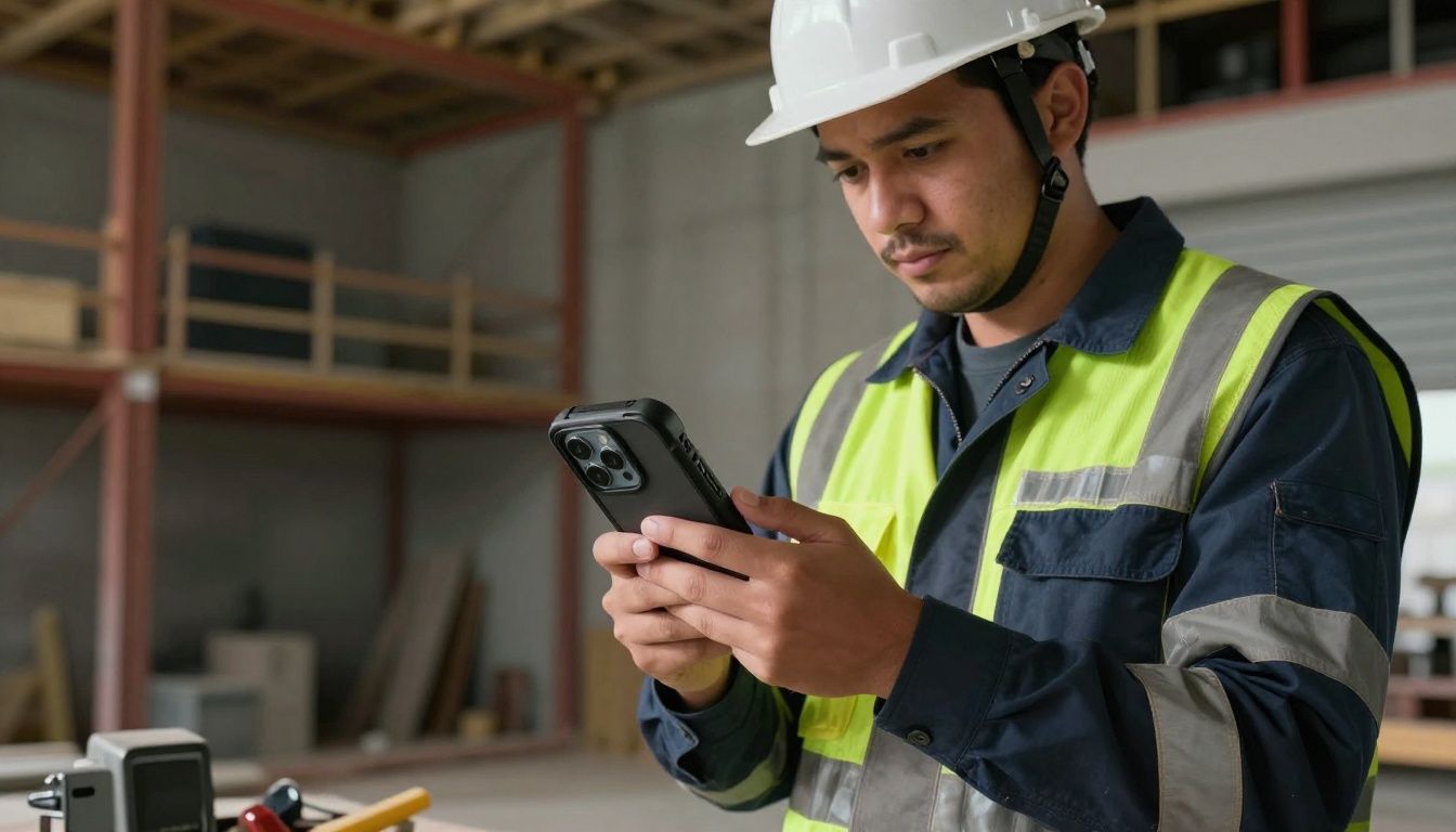 A tradie in high-vis workwear checking their iPhone 15 Pro Max, which is protected by a sturdy, black, rugged case on a construction site.