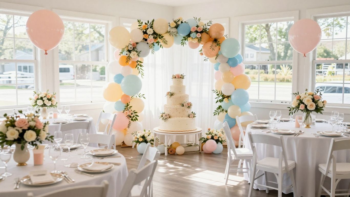 Elegant Dallas baby shower venue with decorations and cake.