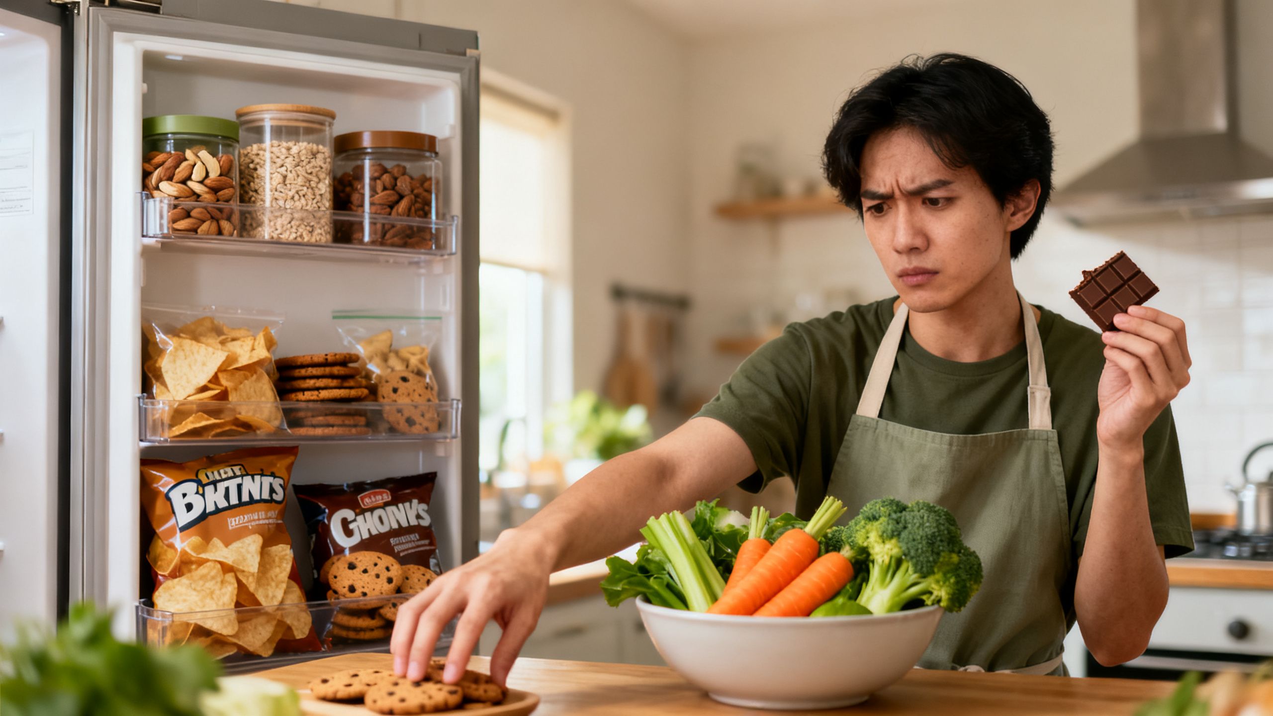 A person reaching for healthy foods, struggling between appetite control and meal planning