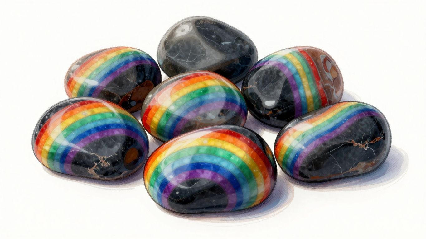 Piedras preciosas de ónix arcoíris con bandas de color arremolinadas.