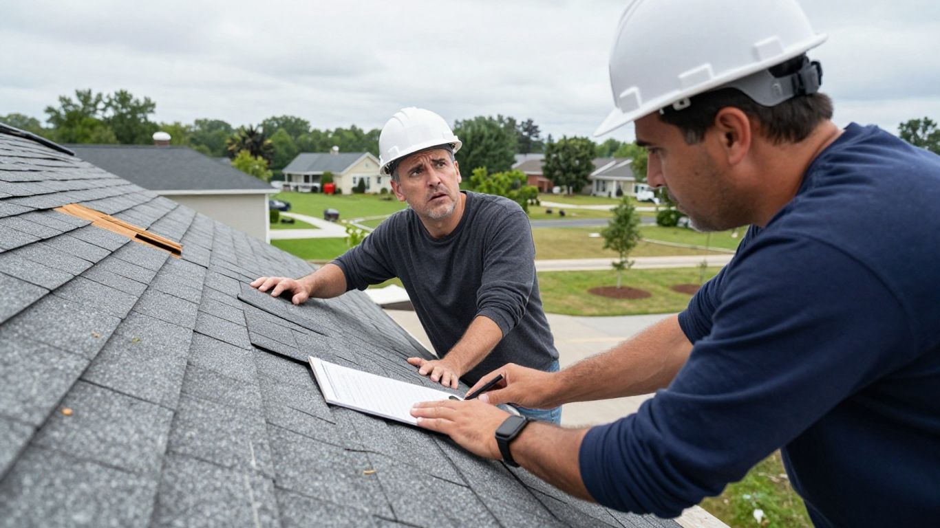 Homeowner and insurance adjuster inspecting a damaged roof.