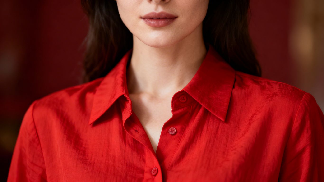 Woman in a stylish red button-down shirt.