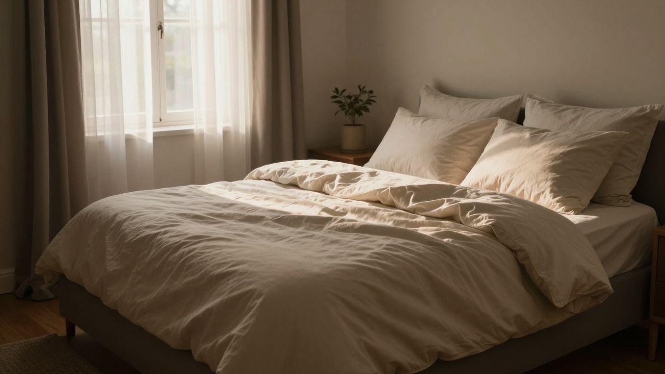 Schlafzimmer mit warmem, sanftem Licht und gemütlichem Bett.