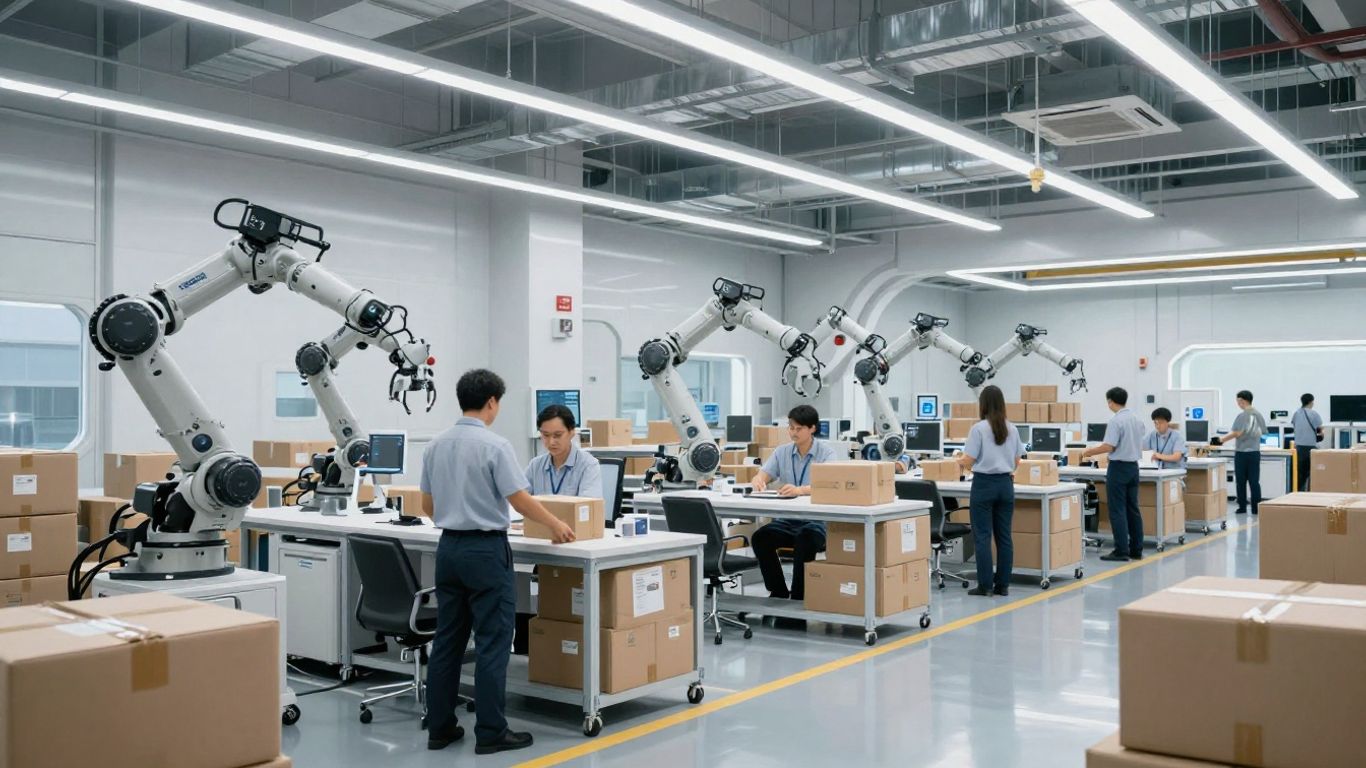 AI transforming warehouse operations with robots and humans.