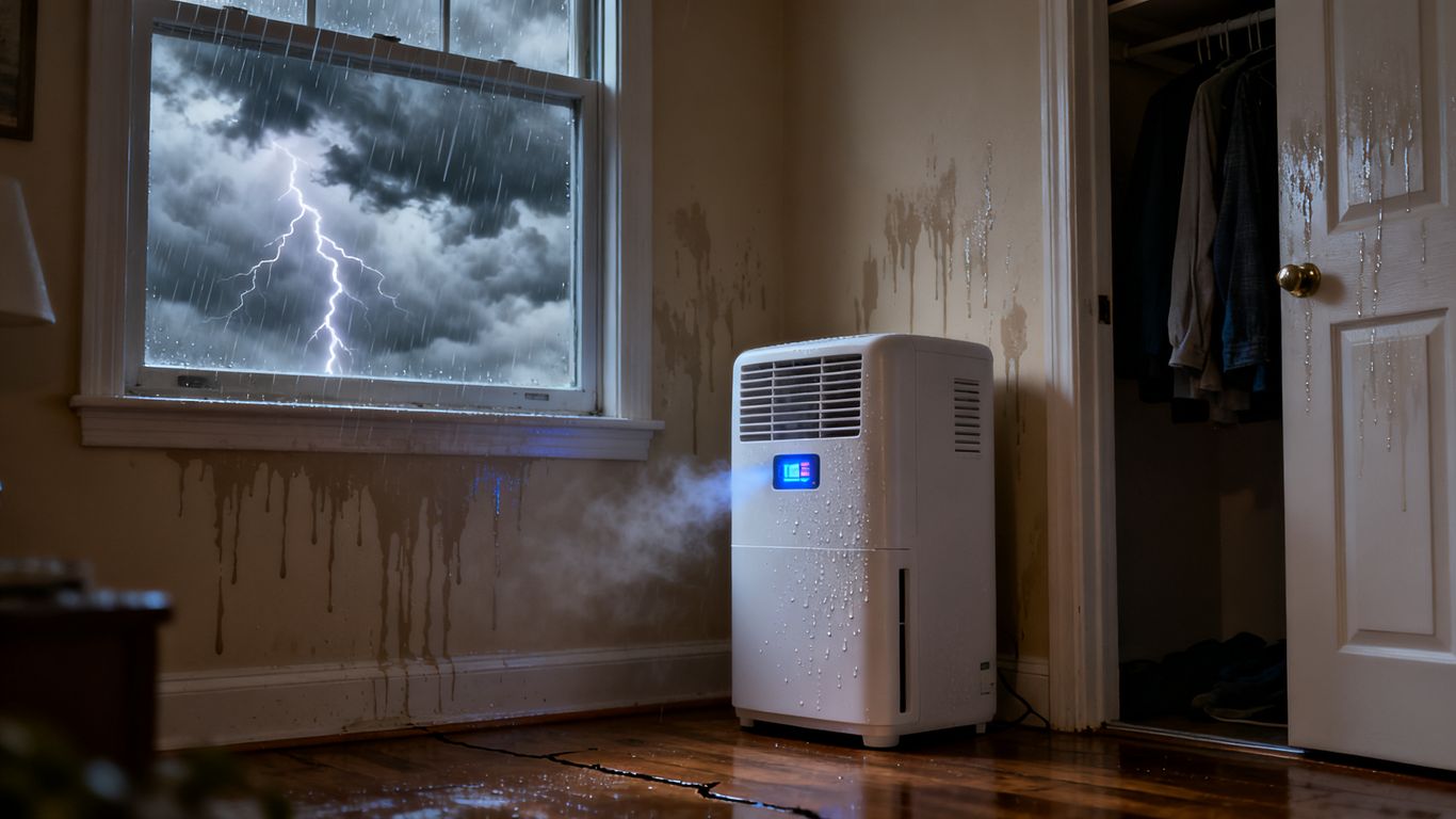 Dehumidifier operating during a rainy day
