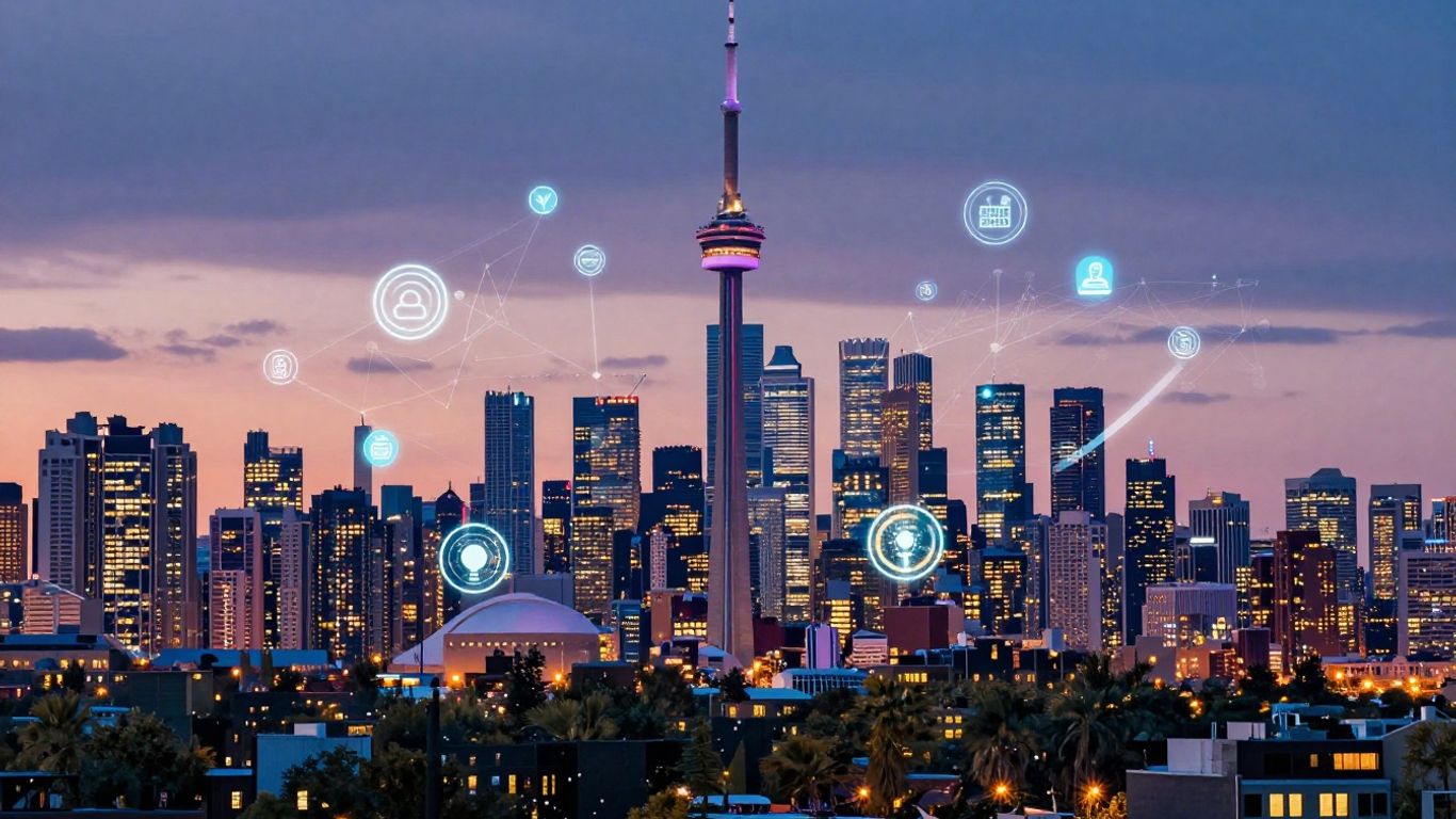 Toronto skyline with digital data streams connecting buildings.