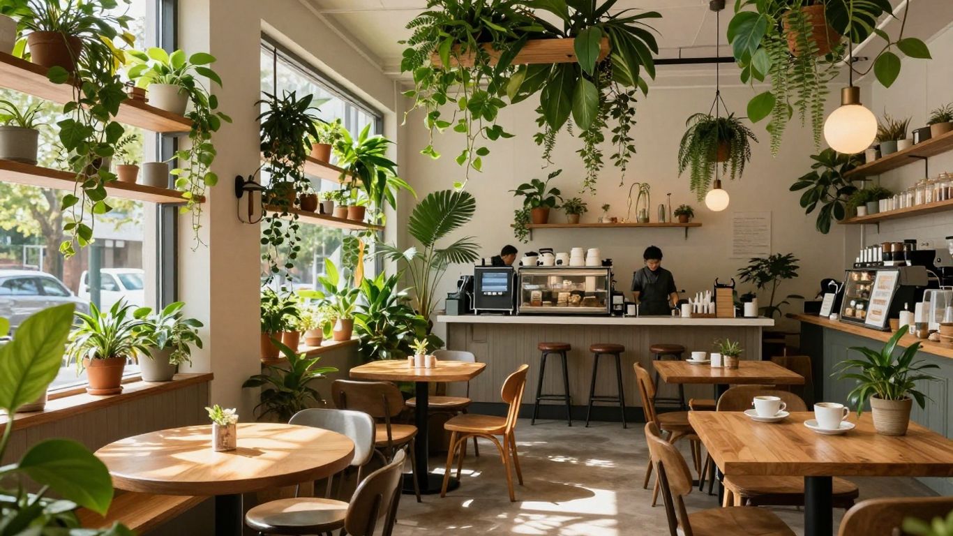 Interior of Naturalia Cafe Laureles with plants and wooden furniture.