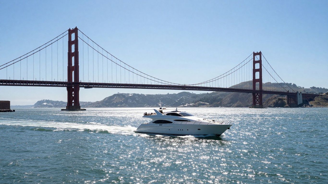 Yacht sailing on San Francisco Bay with Golden Gate Bridge.