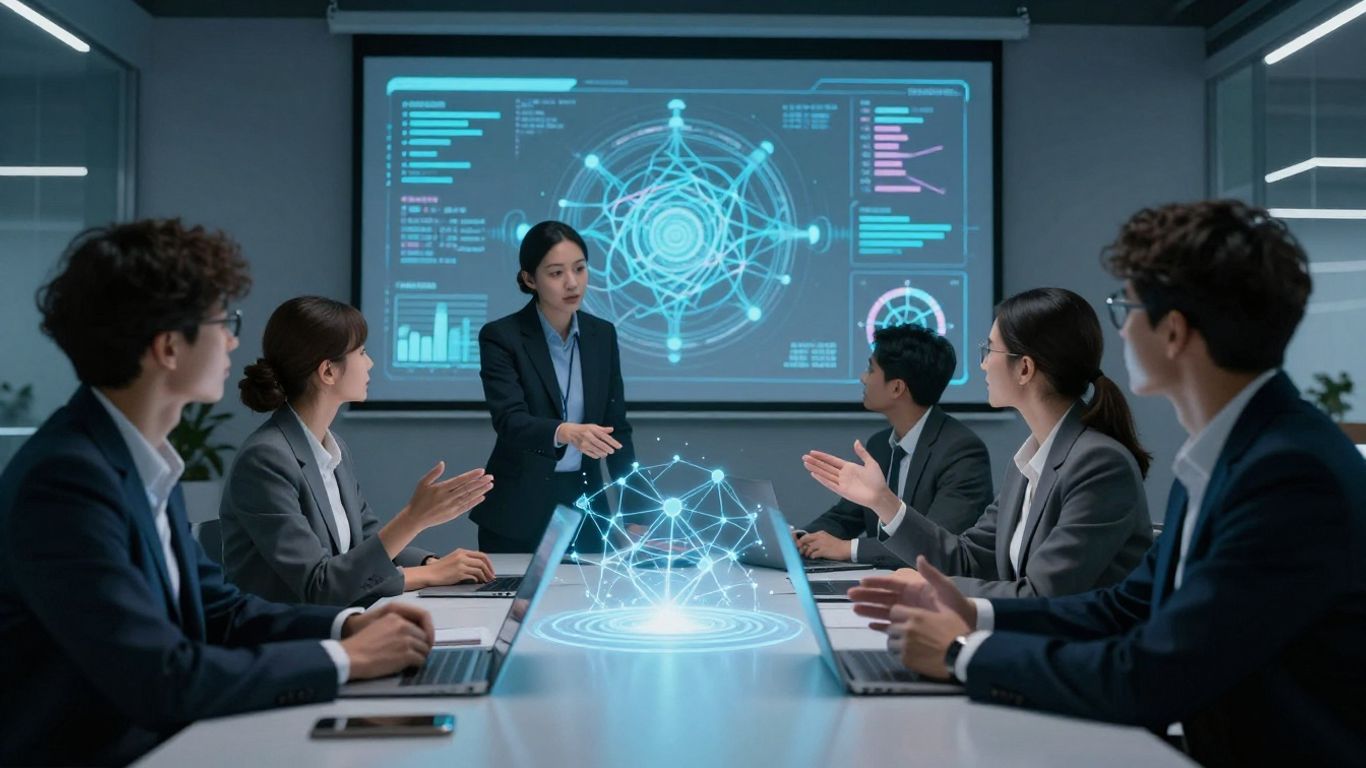 AI agency team discussing futuristic data visualizations