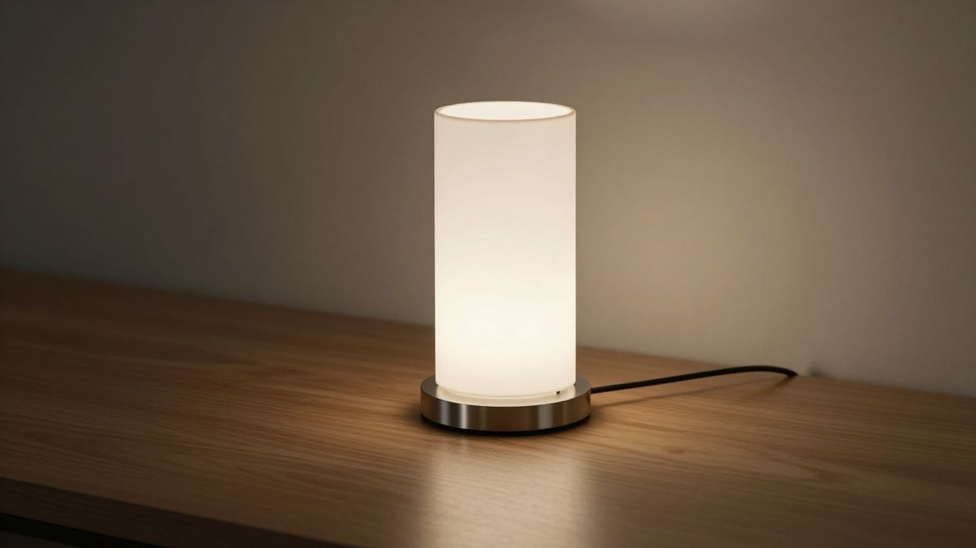 Modern minimalist lamp on a wooden surface.