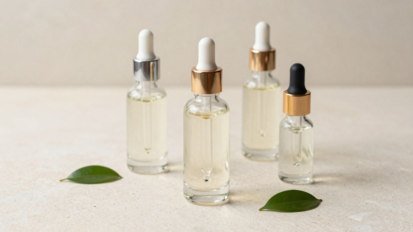 Szklane butelki serum na kamiennym blacie