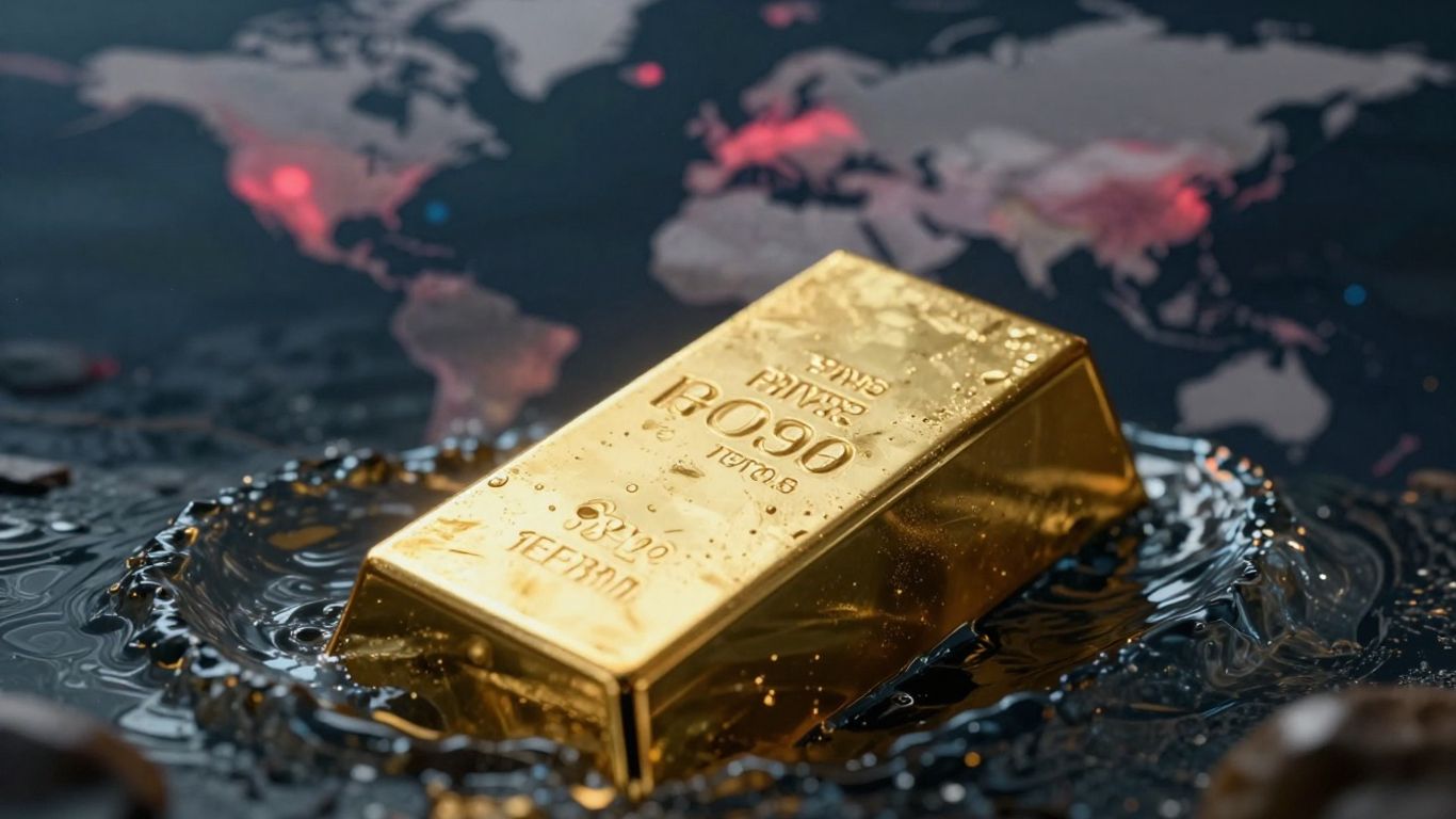 水中漂浮着一块金锭，旁边是一张模糊的世界地图。