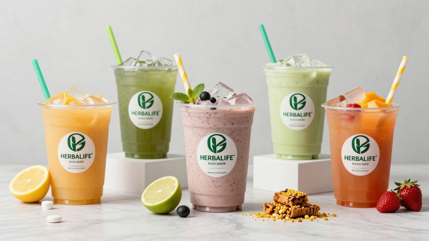 Herbalife products: shakes, supplements, and snacks.