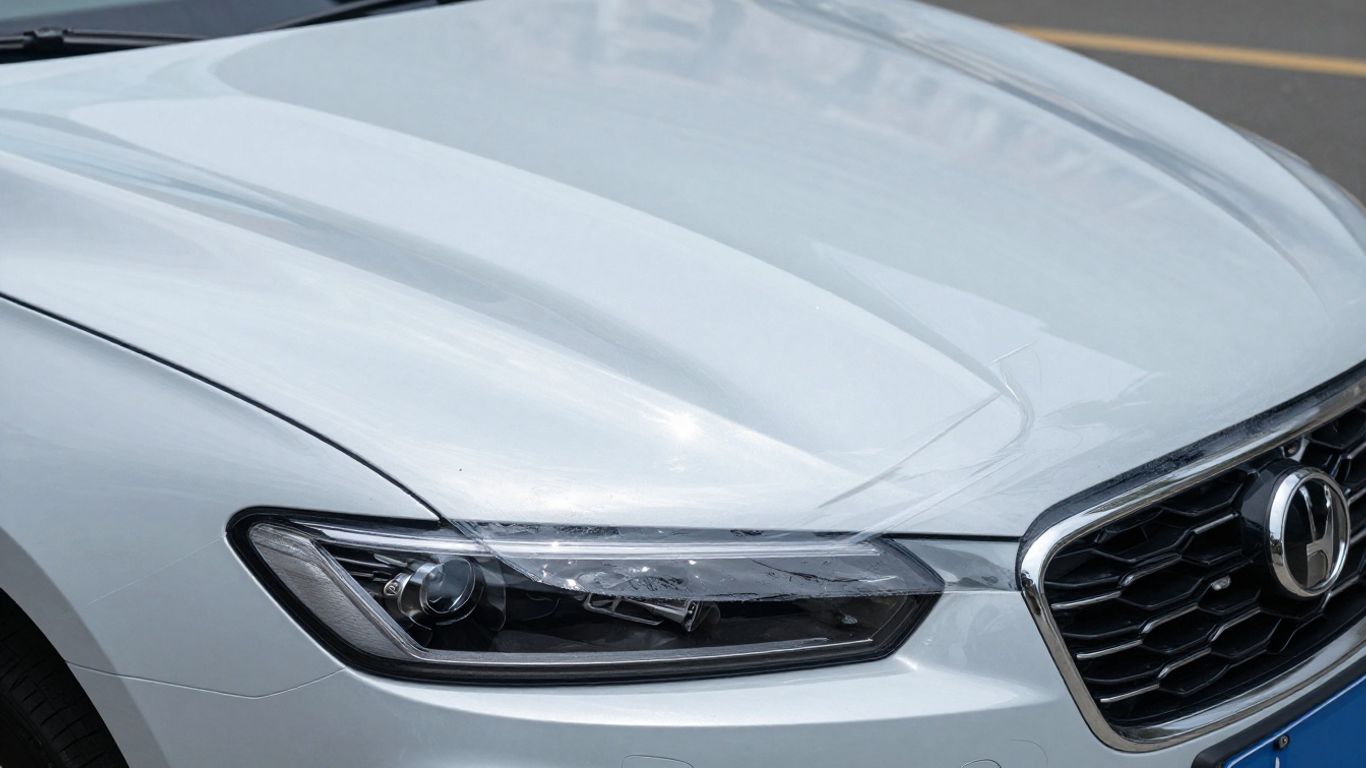 Car hood with clear paint protection film applied.