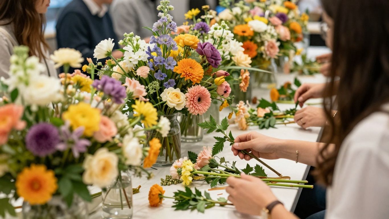 Bar à fleurs avec des invités choisissant des fleurs fraîches.