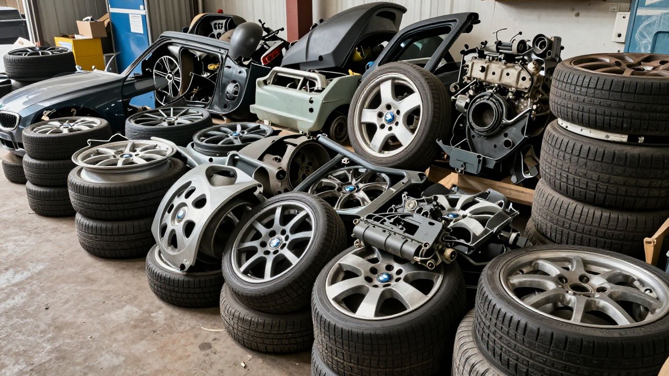 Used BMW car parts in a wrecking yard.