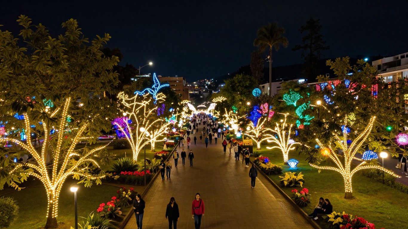 Parque de las Luces at night, illuminated by colorful lights.