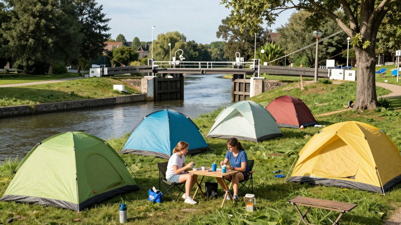 Children playing at a waterside family camp