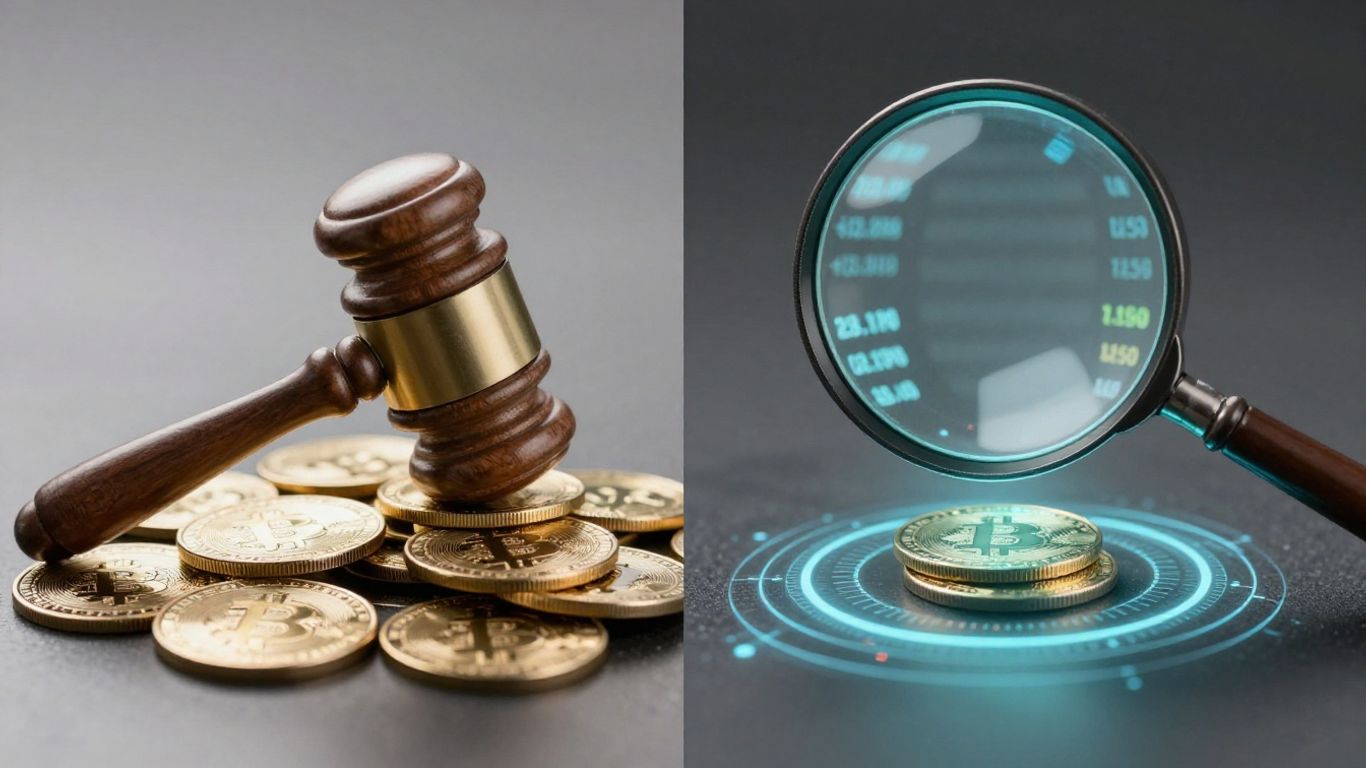 Gavel and crypto coins next to digital wallet with fluctuating values.