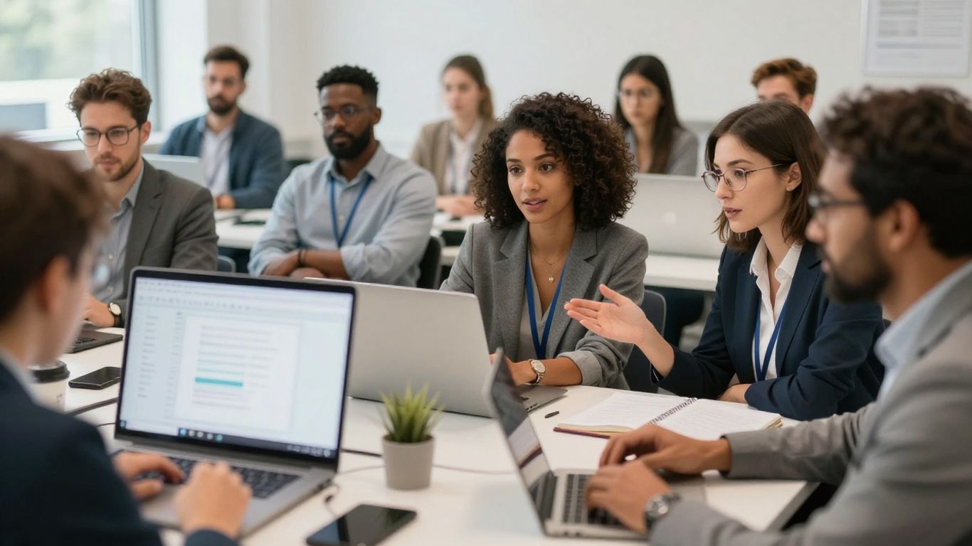 Profesionales que aprenden y colaboran en un entorno moderno.