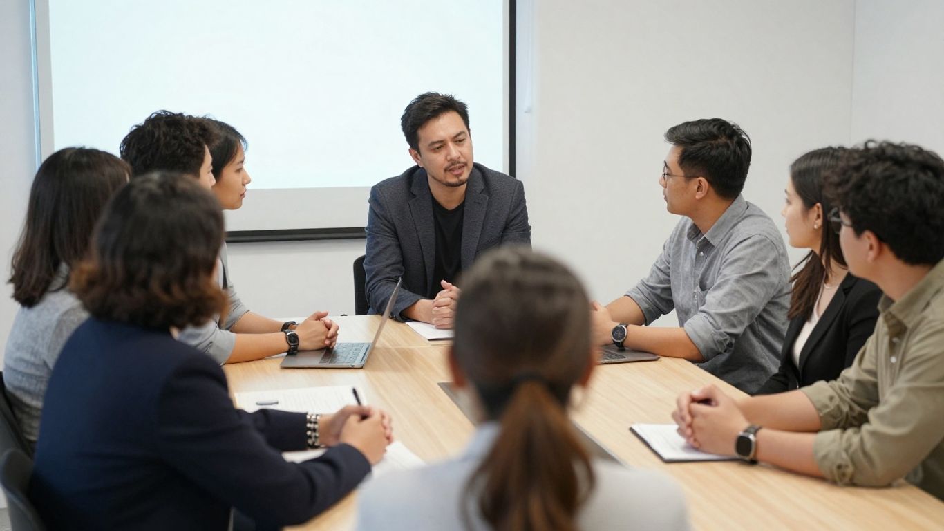 Team members sharing views around a meeting table