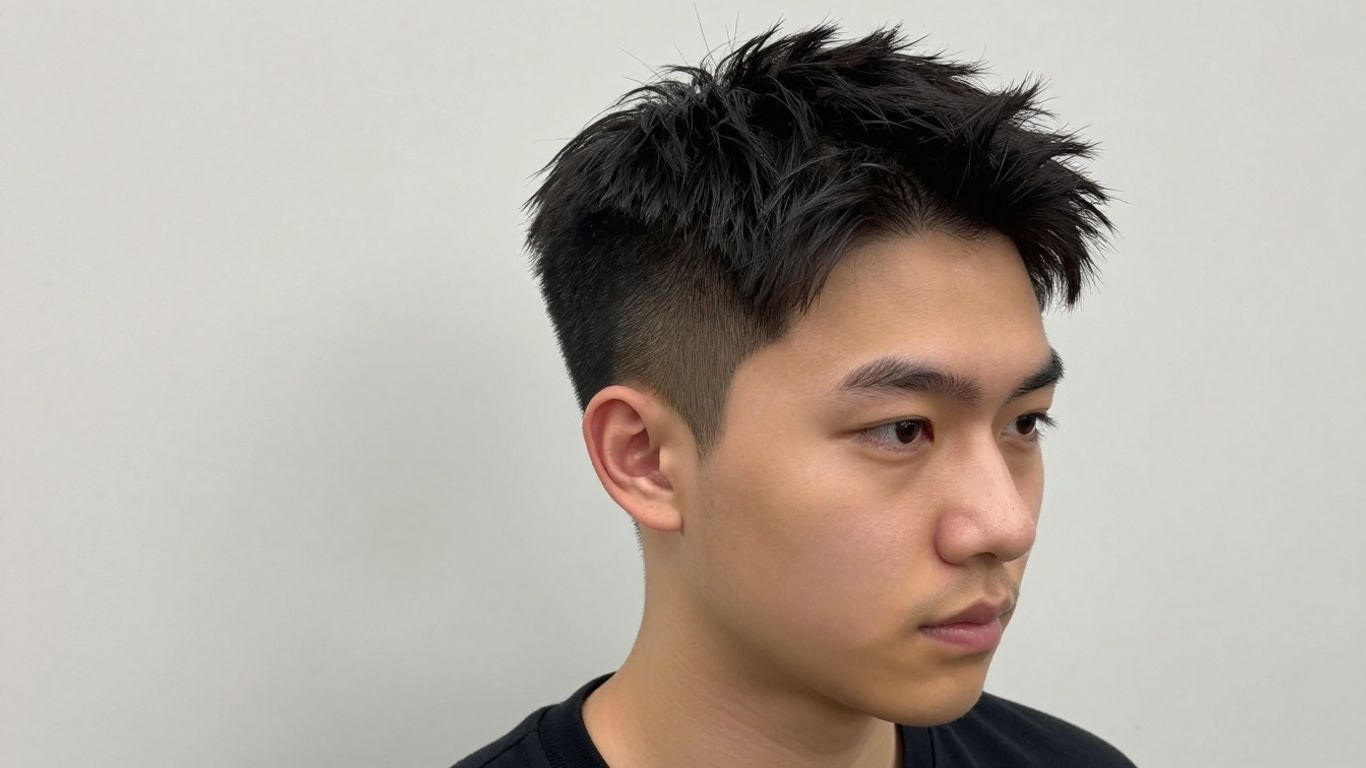 Man with trendy Asian haircut, clean style.