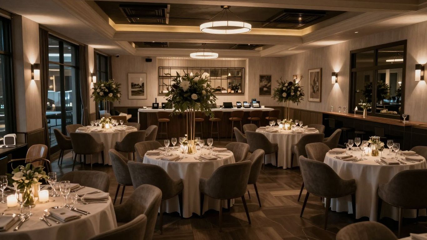 Elegant Dallas event venue with warm lighting and seating.