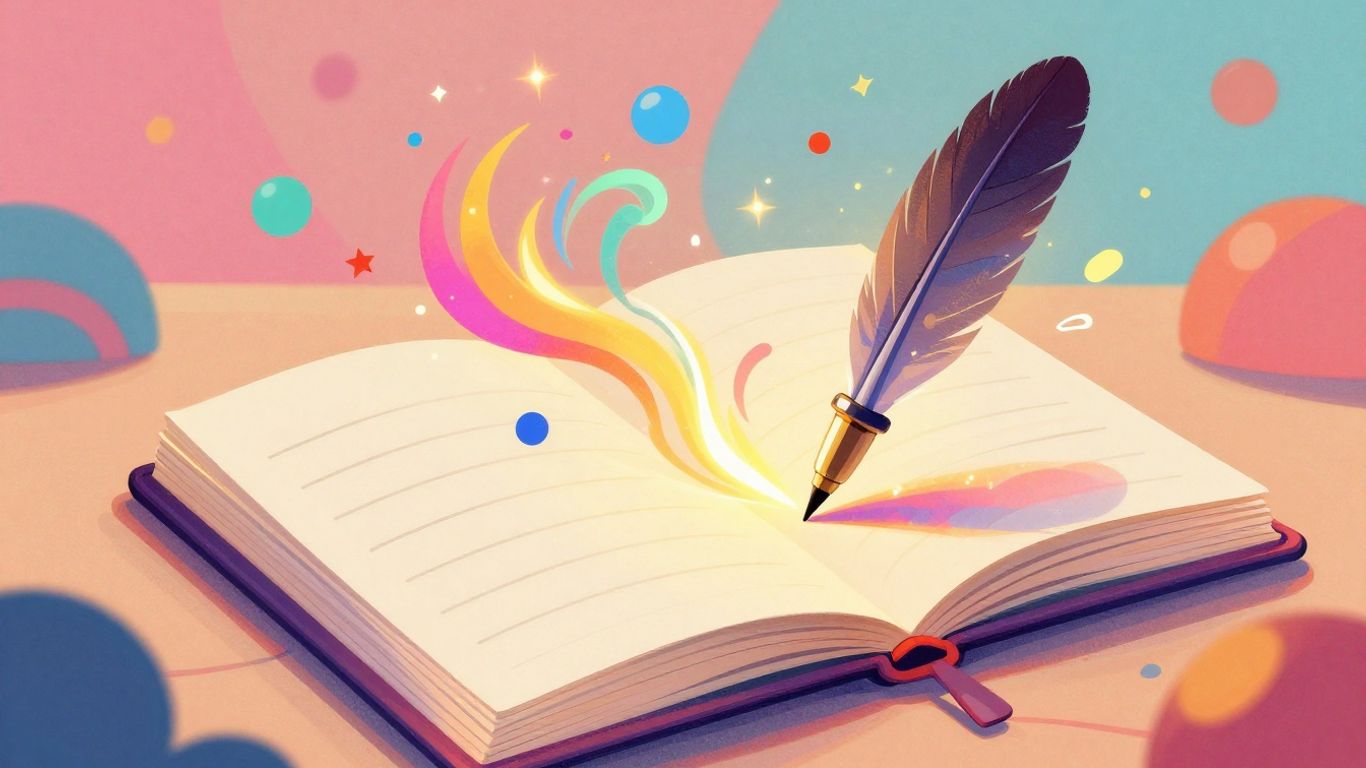 Stylized quill pen glowing above an open notebook, game aesthetic.