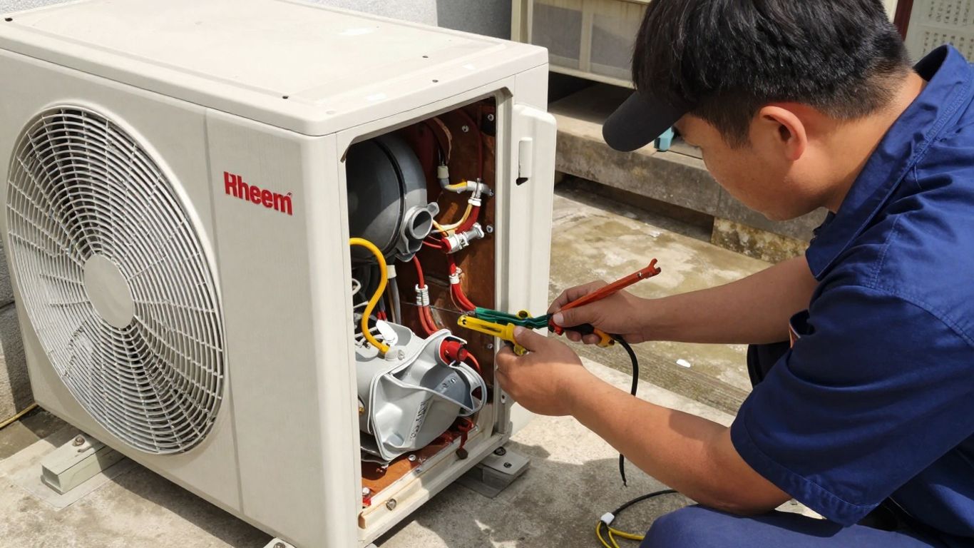 Rheem AC repair technician working on an outdoor unit.