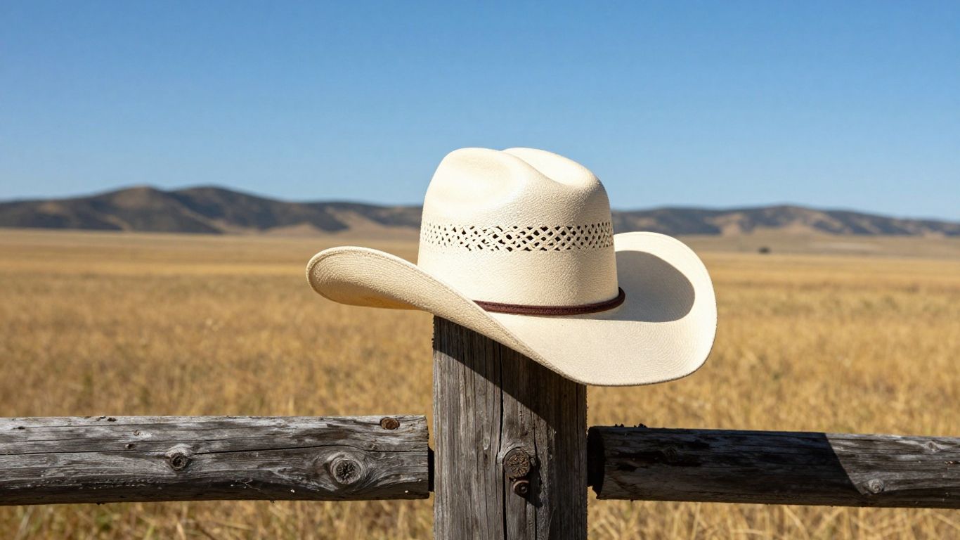 Texas prairie landscape with cowboy hat and fence.