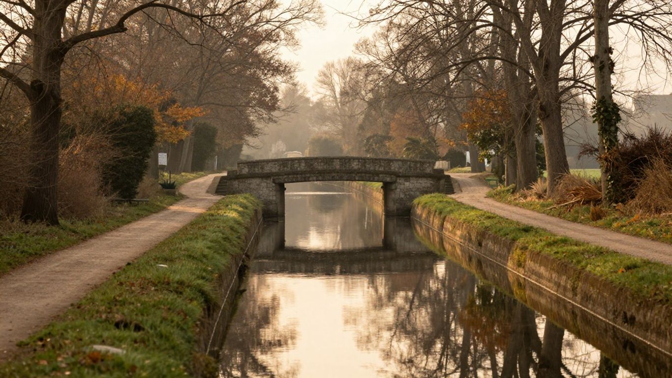 A quiet, empty canal bathed in morning light