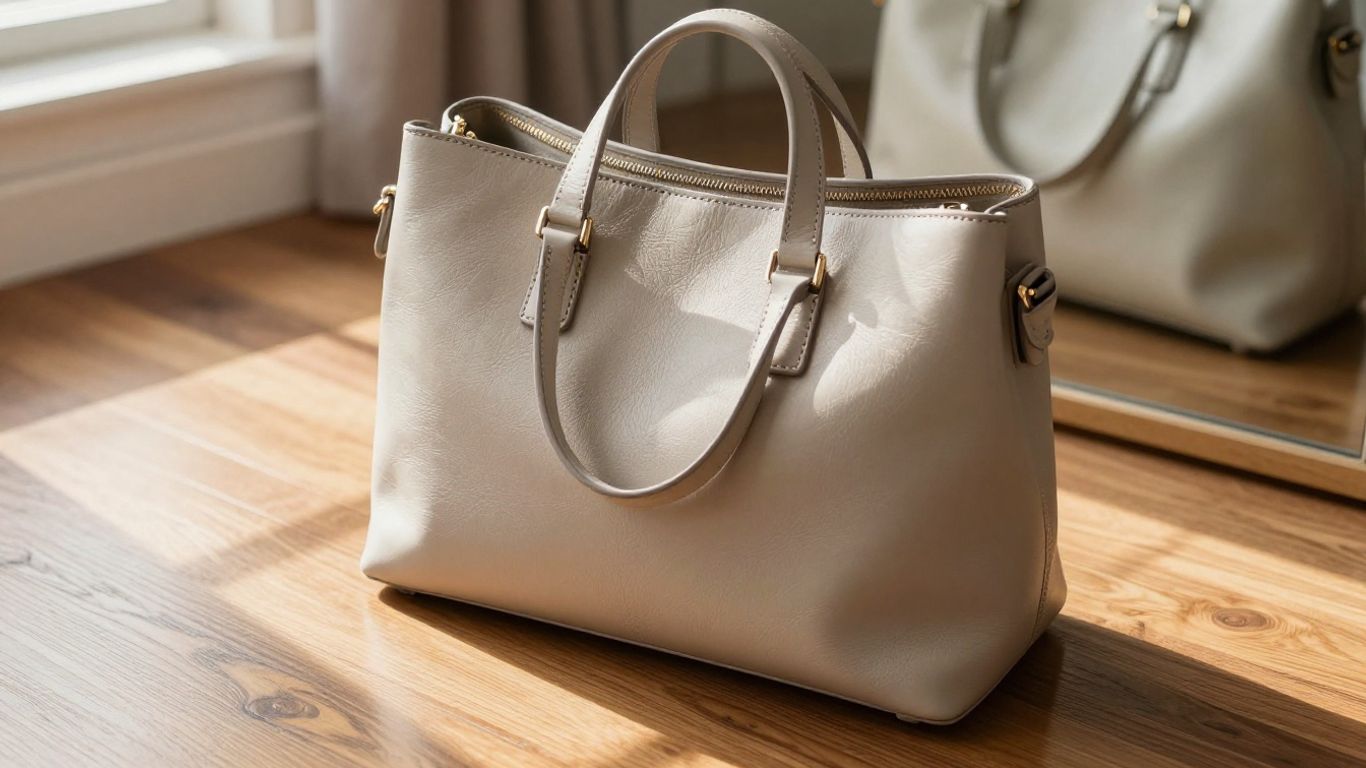 Chic small leather tote bag on a wooden surface.