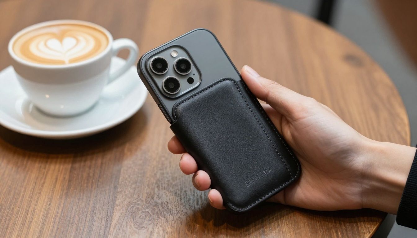 Someone paying for a coffee at a Melbourne cafe by tapping their iPhone 15 Pro, which is housed in a sleek leather wallet case.