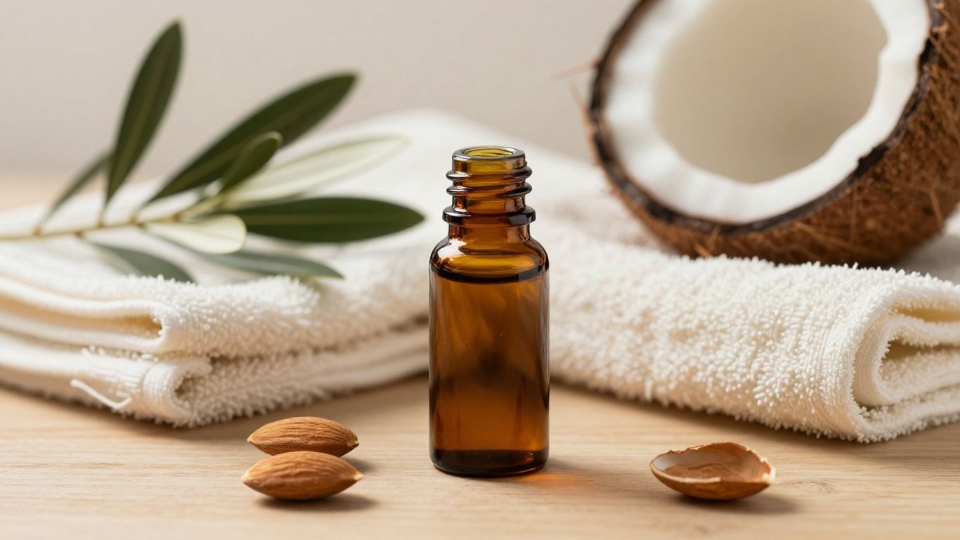 Glass bottle of botanical oil beside soft towels