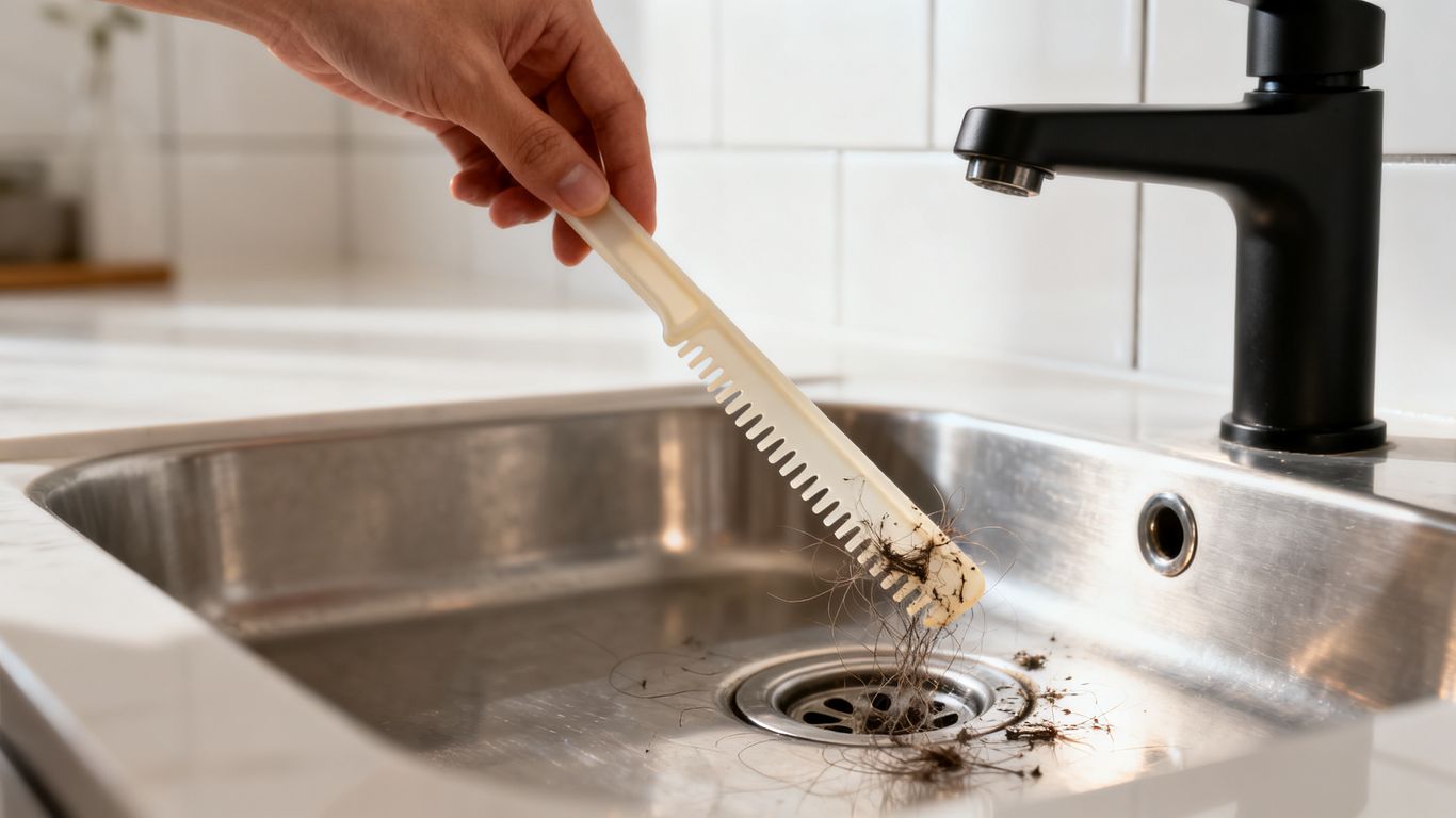 A hand using a plastic drain cleaning zip tool